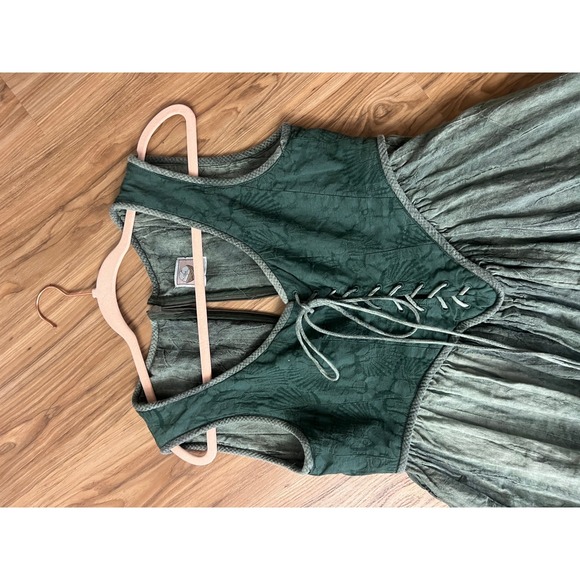 Comfort First Dress Womens Sz L Medieval Linen Lace Up Empire Waist Green Washed - Picture 2 of 11